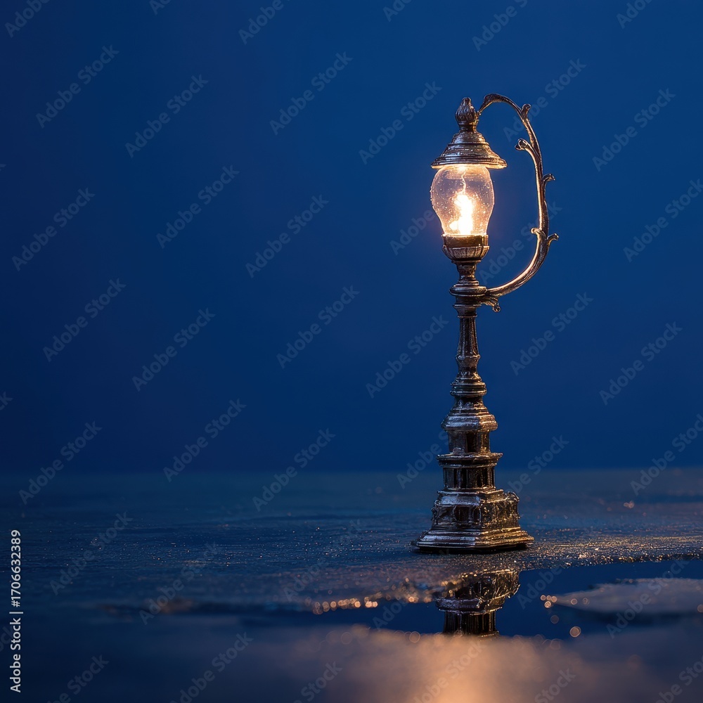 Naklejka premium Miniature Victorian Lamp Post Illuminates Dark, Reflective Surface with Warm Glow.