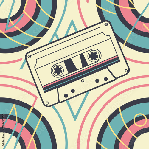 Retro Cassette Tape on a Geometric Pattern Background