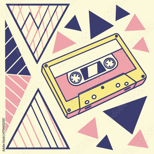 Retro Cassette Tape With Geometric Shapes Background