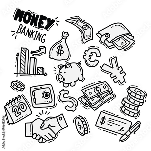 Money and Banking Doodle Finance Investment and Savings Icons