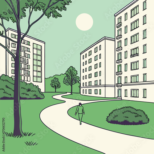 Person walking on path through apartment complex green space