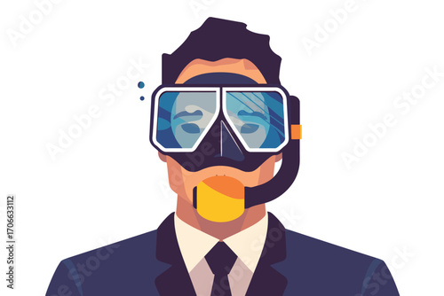 man in business suit wearing scuba diving mask person isolated