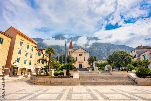 Andrija Kačić Miošić Square with the Cathedral of St. Mark, a Baroque church, located in the center of the town of Makarska, Croatia 