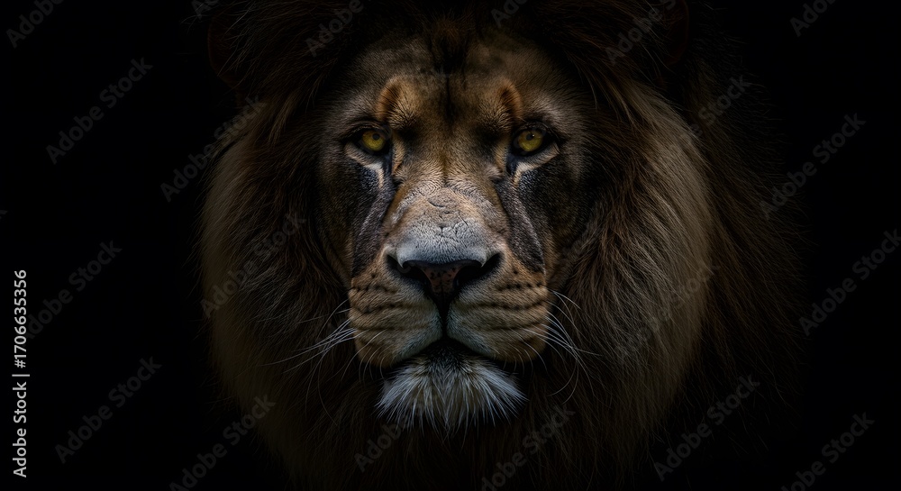 Fototapeta premium Lions face Dark backdrop Focused intense gaze thick mane