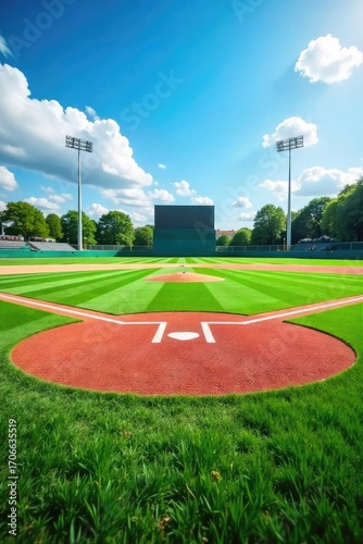 A sun-drenched baseball field, freshly cut grass, bright white bases, and the iconic pitcher's mound under a clear blue sky Ready for the next big game , bright, bases