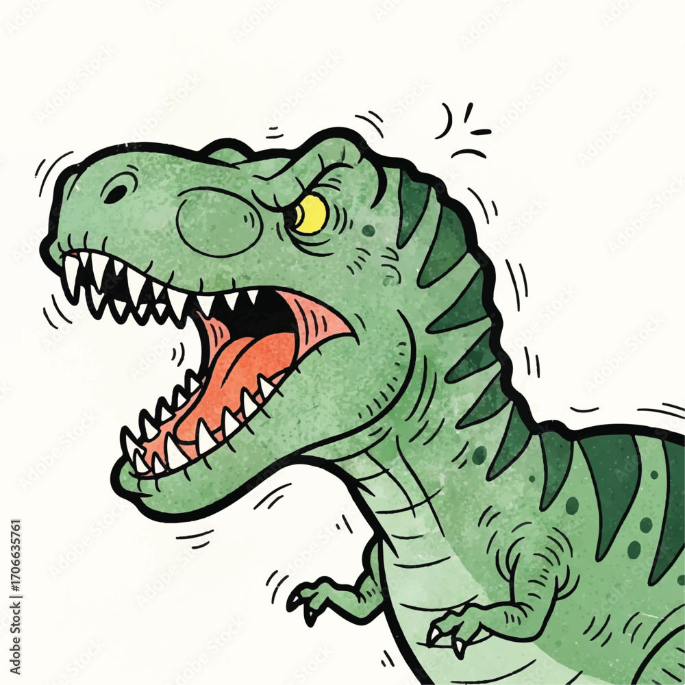Fototapeta premium Vintage-style illustration of an angry T-Rex with motion lines on a white background, conveying a dynamic and intense mood.