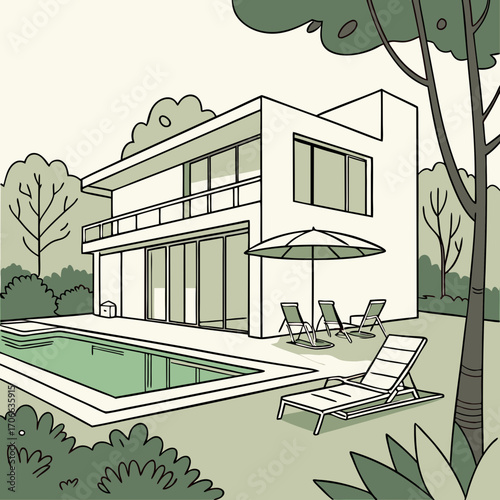 Modern house with swimming pool in summer backyard. Poolside vacation on back yard lounge place. Outdoor villa design with parasol and sun loungers on sunny day flat cartoon illustration