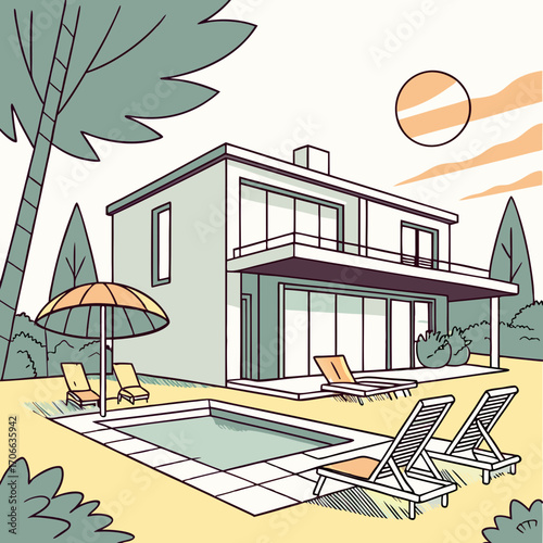 Modern house with swimming pool in summer backyard. Poolside vacation on back yard lounge place. Outdoor villa design with parasol and sun loungers on sunny day flat cartoon illustration