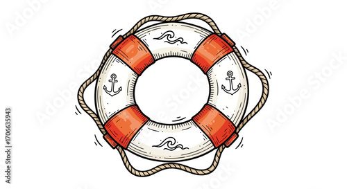 Illustration Art Vector of Lifebuoy with Anchors Waves Nautical Design in Red and White Hand Drawn Style