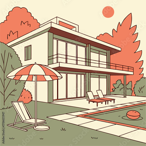 Modern house with swimming pool in summer backyard. Poolside vacation on back yard lounge place. Outdoor villa design with parasol and sun loungers on sunny day flat cartoon illustration