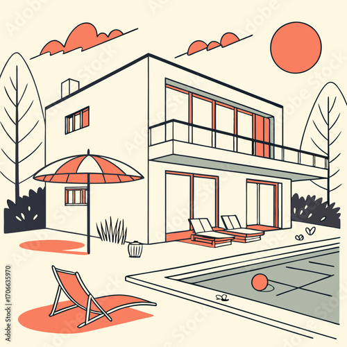 Modern house with swimming pool in summer backyard. Poolside vacation on back yard lounge place. Outdoor villa design with parasol and sun loungers on sunny day flat cartoon illustration