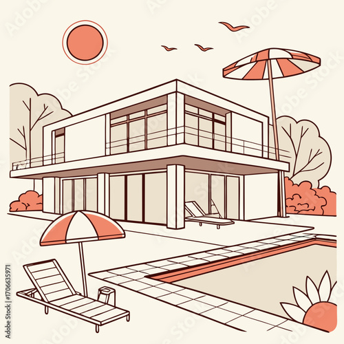 Modern house with swimming pool in summer backyard. Poolside vacation on back yard lounge place. Outdoor villa design with parasol and sun loungers on sunny day flat cartoon illustration