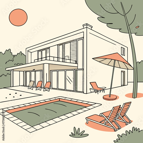 Modern house with swimming pool in summer backyard. Poolside vacation on back yard lounge place. Outdoor villa design with parasol and sun loungers on sunny day flat cartoon illustration