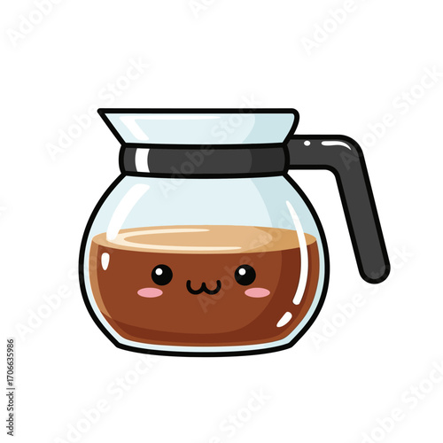 Kawaii coffee pot illustration with a friendly face and steaming coffee inside