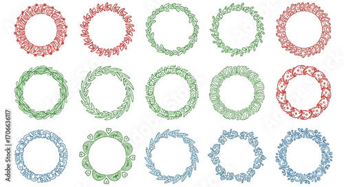 Floral Wreath Vector Illustration Collection Ornamental Border Design with Red Green and Blue Colors