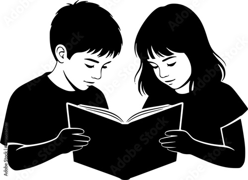 boy and girl reading book silhouette vector illustration