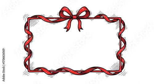 Decorative Vector Frame Illustration with Red Ribbon and Bow for Gift Card Design Hand Drawn Style