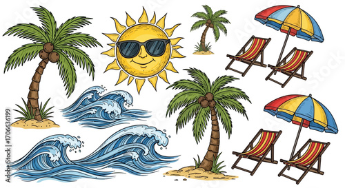 Summer Vector Illustration with Palm Trees Waves Sun Beach Chair and Umbrella Cartoon Style