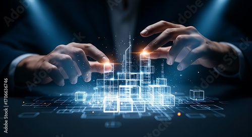 Building the future concept. Hands position glowing holographic blocks to construct the framework of a futuristic city skyline.