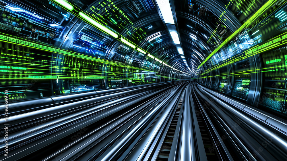 Fototapeta premium Futuristic digital tunnel with glowing neon lines, motion blur, and high-tech atmosphere, symbolizing speed and data flow.