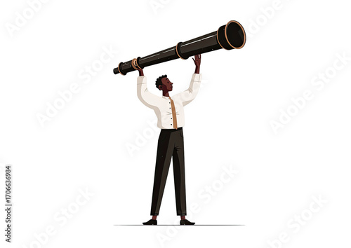 Man holding a large telescope, looking upward