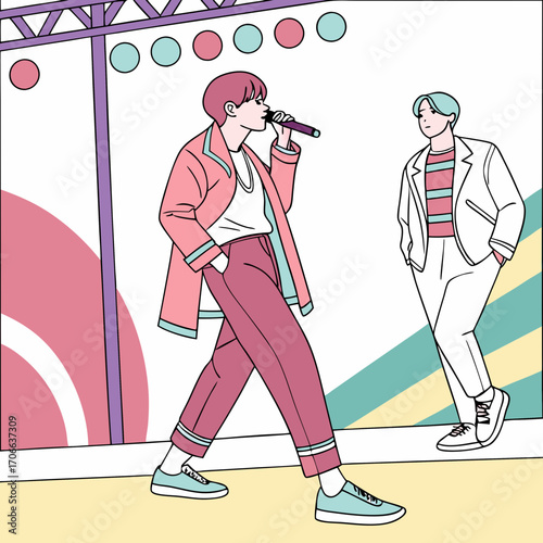 Illustration vector of Kpop fashion stage. idols of Koreans performing. K-pop male fashion idol. singer who is singing wearing beautiful clothes