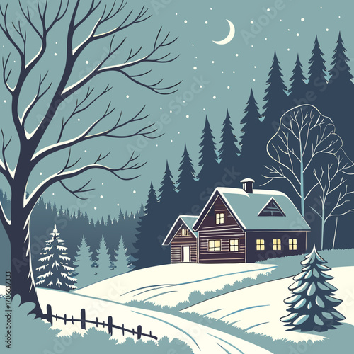 Winter season landscape night panorama with village under the snow in the first plan and forest in the background. Handmade drawing vector illustration. Can be used for christmas gifts, decorations