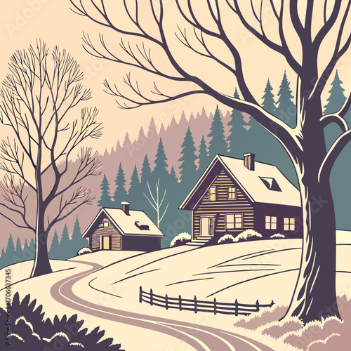 Winter season landscape night panorama with village under the snow in the first plan and forest in the background. Handmade drawing vector illustration. Can be used for christmas gifts, decorations