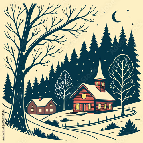 Winter season landscape night panorama with village under the snow in the first plan and forest in the background. Handmade drawing vector illustration. Can be used for christmas gifts, decorations