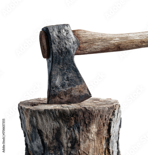 Axe resting on a weathered log.  Dark, aged axe head,  light brown wooden handle.  Close-up on rustic, natural elements