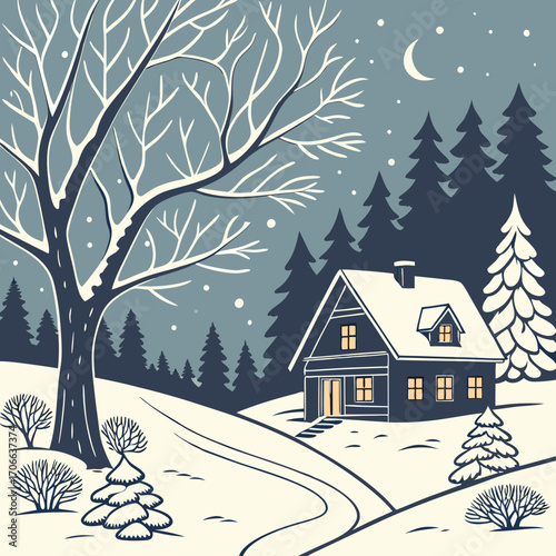 Winter season landscape night panorama with village under the snow in the first plan and forest in the background. Handmade drawing vector illustration. Can be used for christmas gifts, decorations