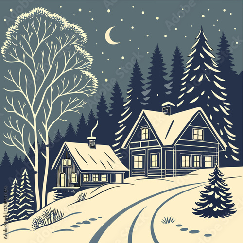 Winter season landscape night panorama with village under the snow in the first plan and forest in the background. Handmade drawing vector illustration. Can be used for christmas gifts, decorations