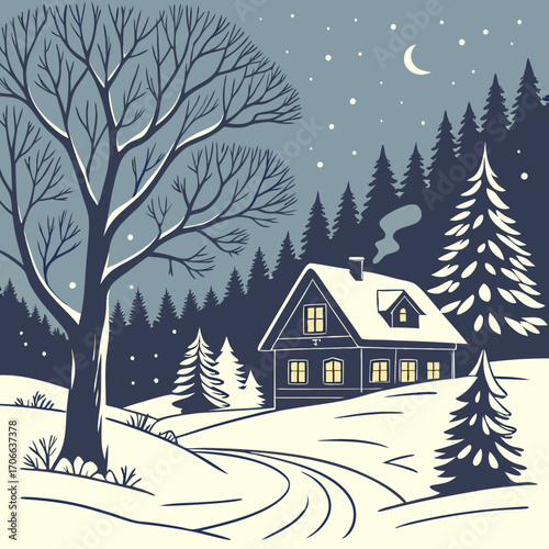 Winter season landscape night panorama with village under the snow in the first plan and forest in the background. Handmade drawing vector illustration. Can be used for christmas gifts, decorations