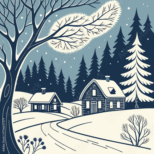 Winter season landscape night panorama with village under the snow in the first plan and forest in the background. Handmade drawing vector illustration. Can be used for christmas gifts, decorations