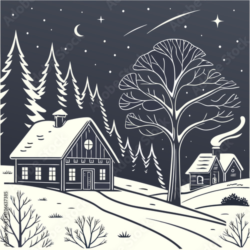 Winter season landscape night panorama with village under the snow in the first plan and forest in the background. Handmade drawing vector illustration. Can be used for christmas gifts, decorations