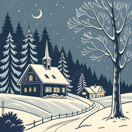 Winter season landscape night panorama with village under the snow in the first plan and forest in the background. Handmade drawing vector illustration. Can be used for christmas gifts, decorations
