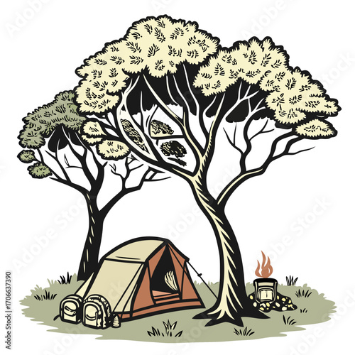 High-quality vector icon of a cozy camping setup with a tent under two symmetrical trees, designed with golden ratio proportions. White background for easy transparency use.