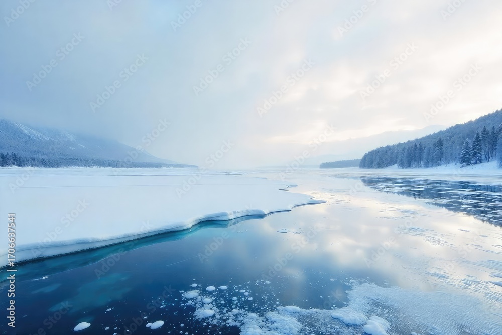 Fototapeta premium A stark, icy landscape stretches to the horizon, frozen lake reflecting a pale winter sky Perfect for winter, frost, cold, bleak backgrounds , abstract, landscape, chilling