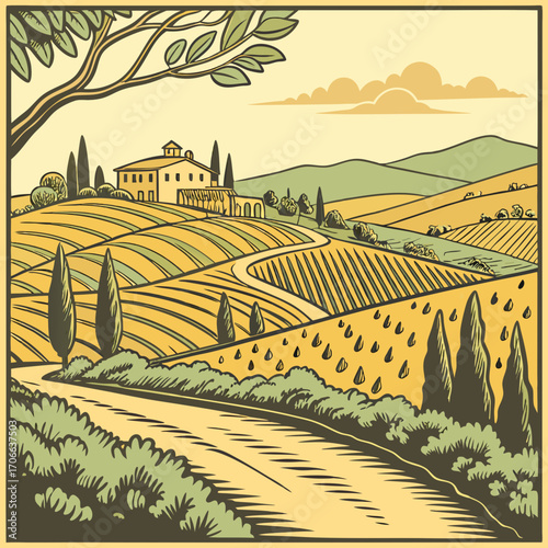 Countryside scenery in Tuscany, Italy. Handmade drawing vector illustration. Vintage style. Engraved old sketch style colorful vector.
