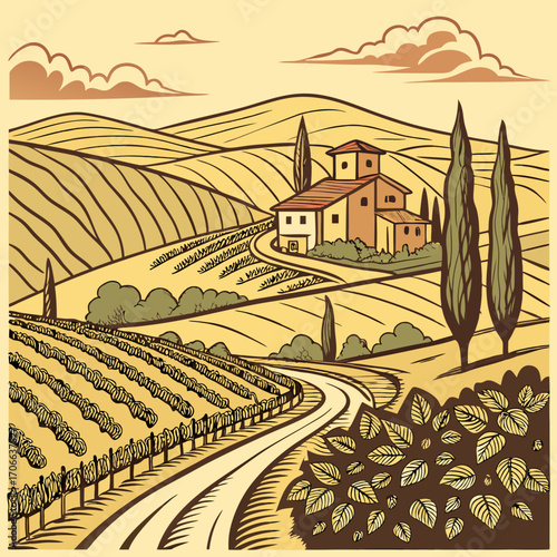 Countryside scenery in Tuscany, Italy. Handmade drawing vector illustration. Vintage style. Engraved old sketch style colorful vector.