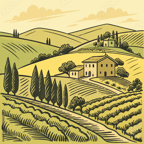 Countryside scenery in Tuscany, Italy. Handmade drawing vector illustration. Vintage style. Engraved old sketch style colorful vector.