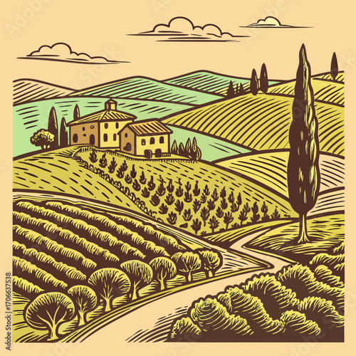 Countryside scenery in Tuscany, Italy. Handmade drawing vector illustration. Vintage style. Engraved old sketch style colorful vector.