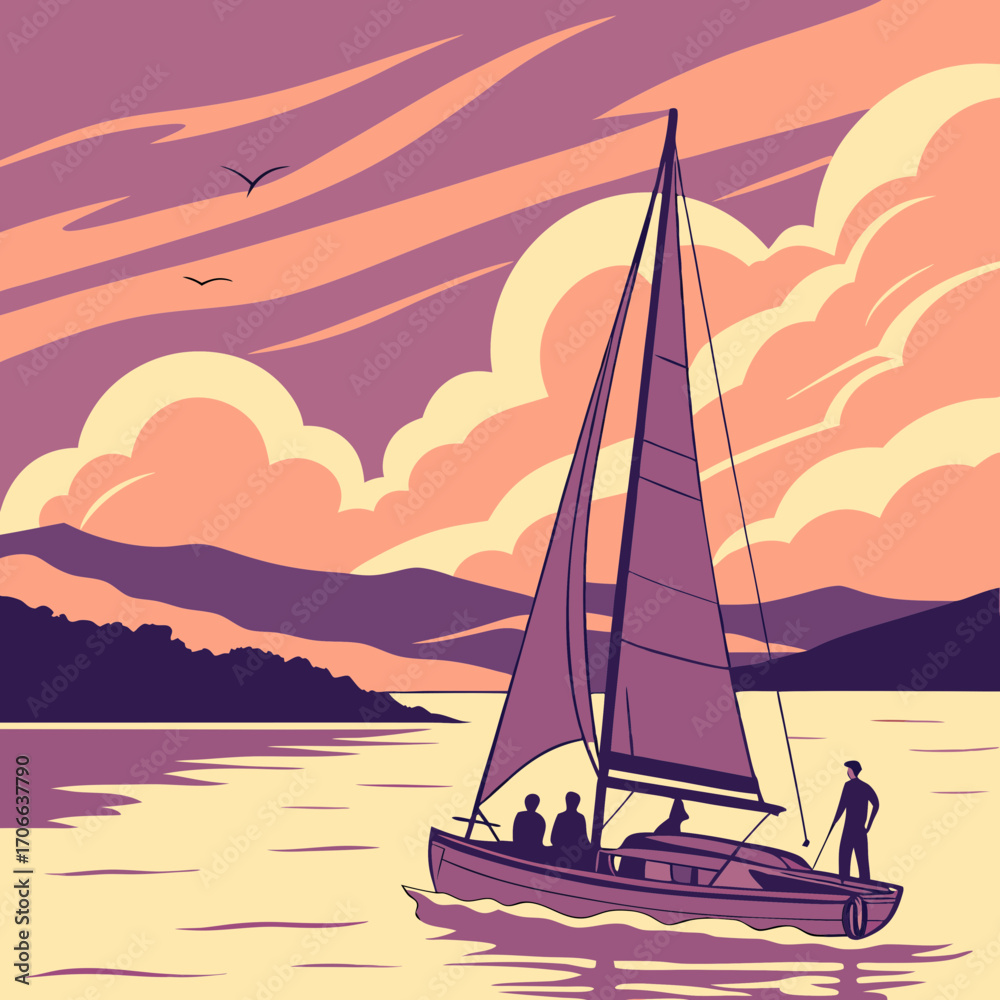 Naklejka premium Sailing boat with people on calm water during sunset with colorful sky and distant hills serene landscape