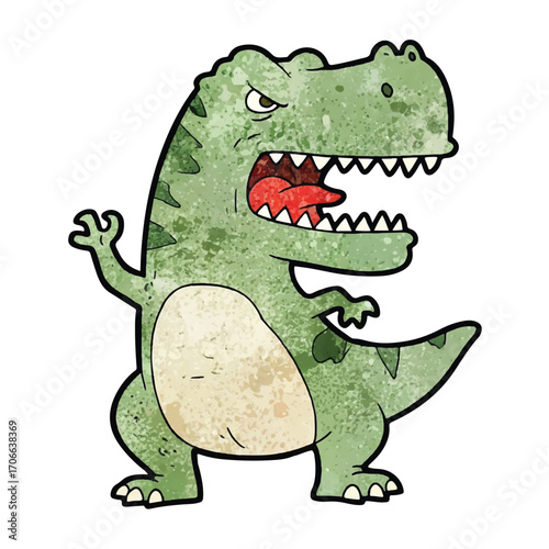 Vintage-style illustration of an angry green T-Rex with a distressed texture, standing aggressively with its mouth open on a plain white background.