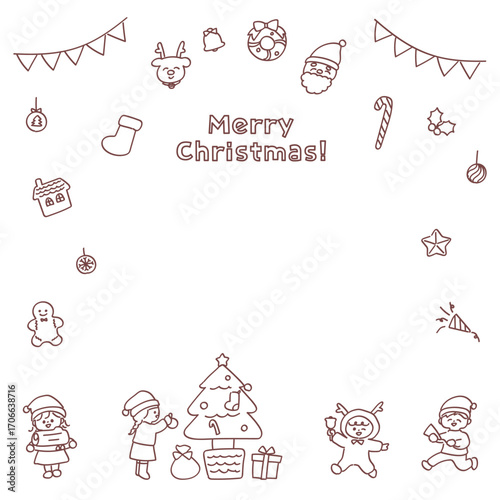 子どもたちとクリスマス素材の可愛い線画イラストのフレーム