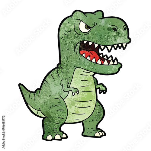 A vintage-style illustration of an angry green T-Rex with a textured appearance, standing in a powerful stance against a clean white background.