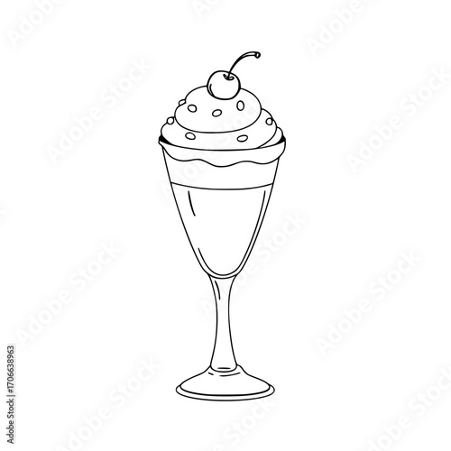 Ice cream sundae in a tall glass with whipped cream and cherry  