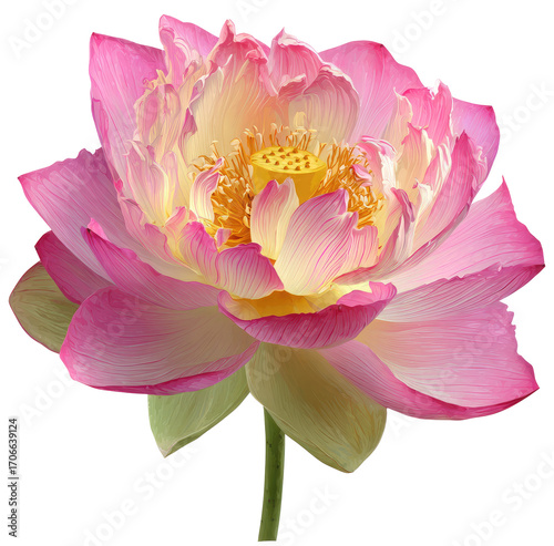 Close-up of a vibrant pink and yellow lotus flower, showcasing delicate petals and a golden center