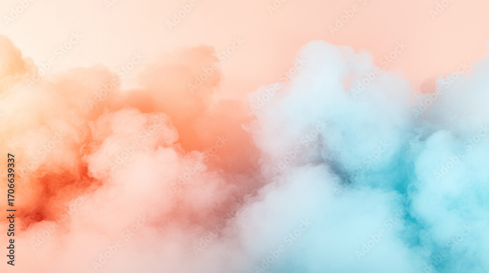 Fototapeta premium Pastel colored smoke swirls in soft orange and blue hues, creating a dreamy abstract backdrop with airy texture, smooth gradients, and a calming ethereal mood.