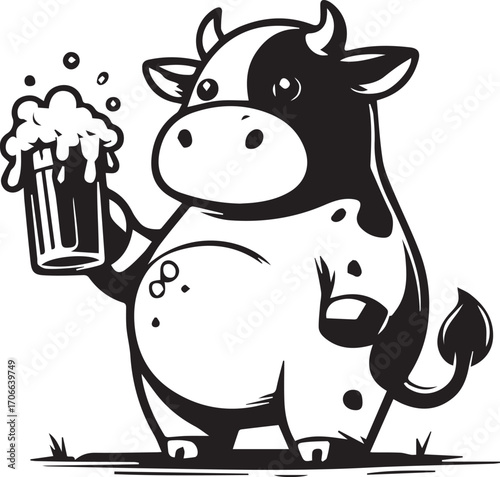 A cheerful cartoon cow holding a frothy beer mug with a friendly smile.